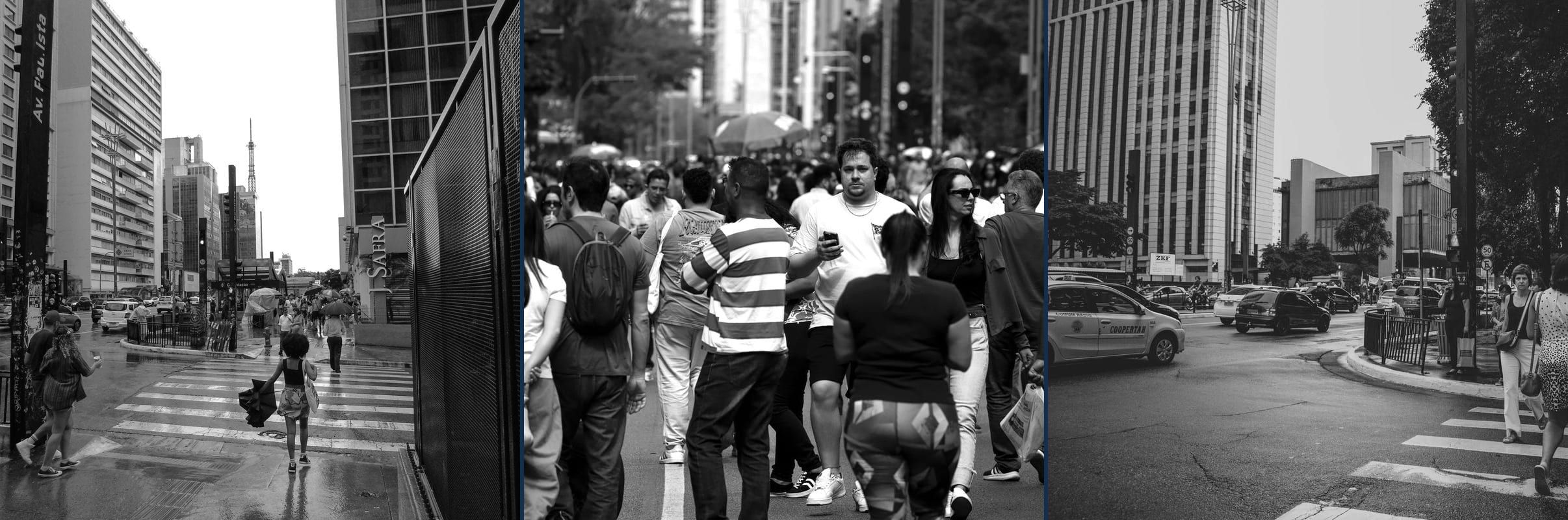 Movimento de pessoas nas ruas de São Paulo, em frente a prédios comerciais